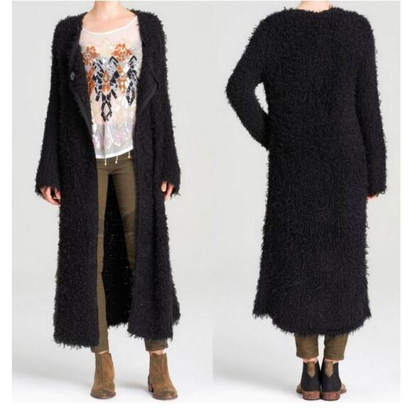 Free People Jagger Shaggy Duster Length Wool Blend Cardigan Black Sz M - Picture 1 of 14